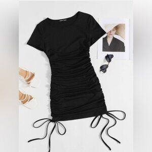 Shein Moosta Solid Side Drawstring Ruched Bodycon Dress Ribbed Slim